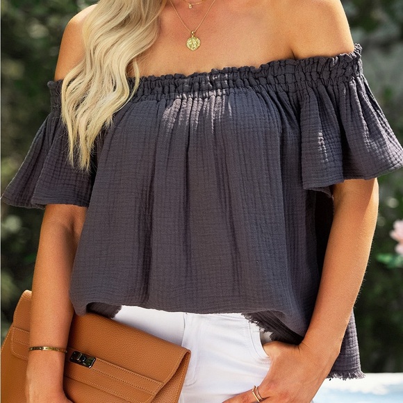 Off-Shoulder Short Sleeve Blouse Soft Cotton - Picture 2 of 13